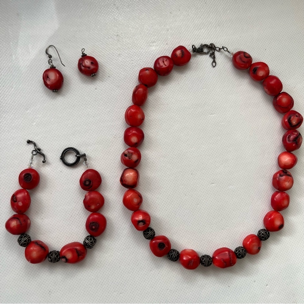 Vintage Chunky Corral Beaded Necklace Bracelet Earrings Set 925